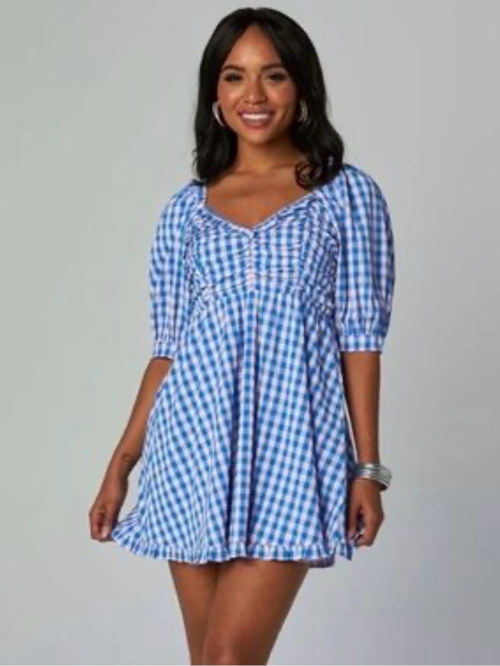 NWT Buddy Love Poppy gingham babydoll smocked mini blue pink dress m medium new